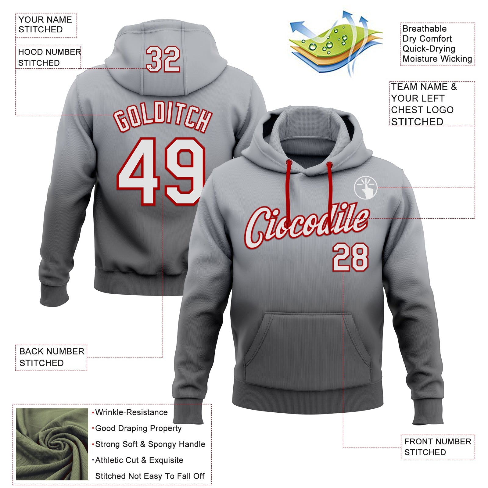 Custom Stitched Gray White Steel Gray-Red Fade Fashion Sports Pullover Sweatshirt Hoodie view 2