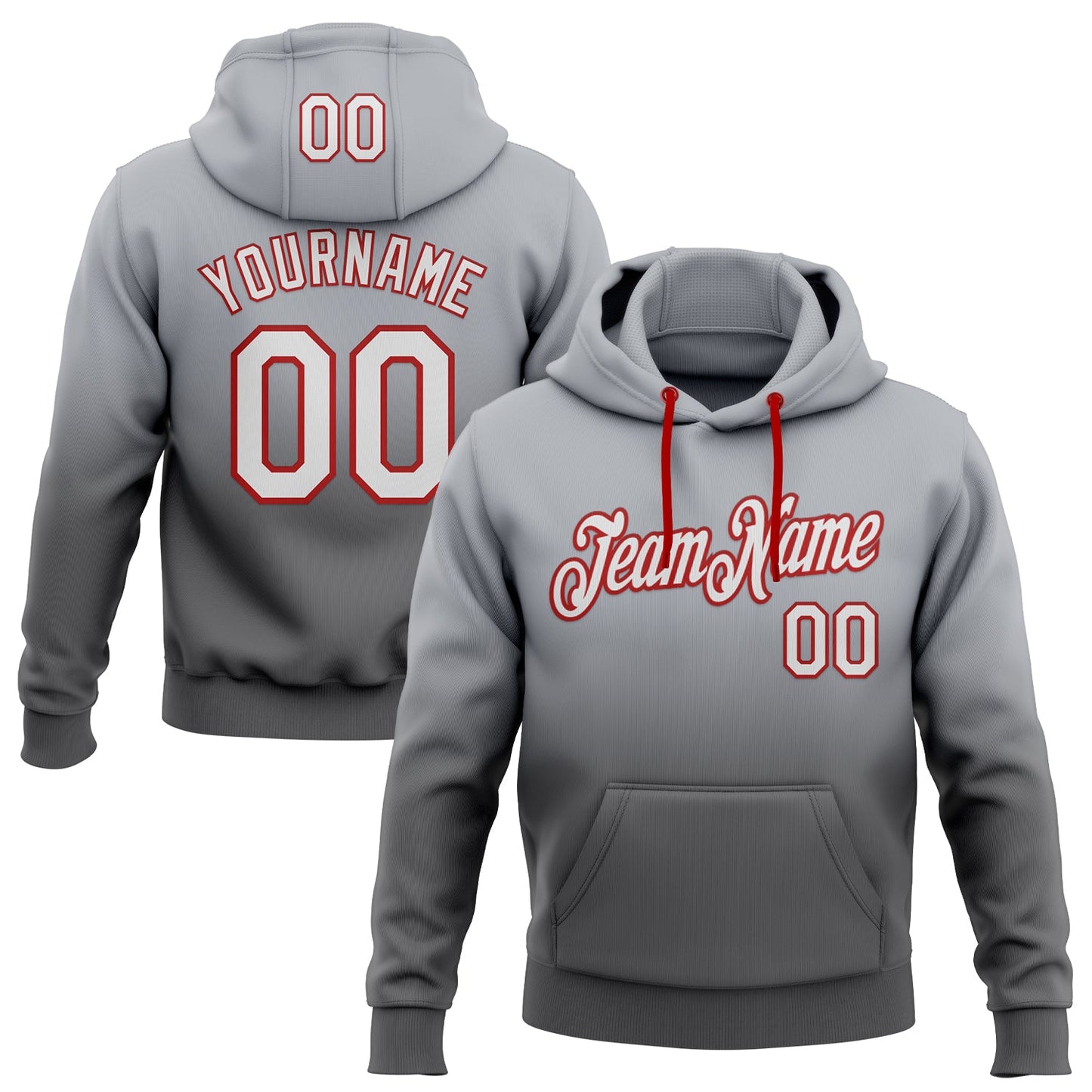 Custom Stitched Gray White Steel Gray-Red Fade Fashion Sports Pullover Sweatshirt Hoodie - Main View
