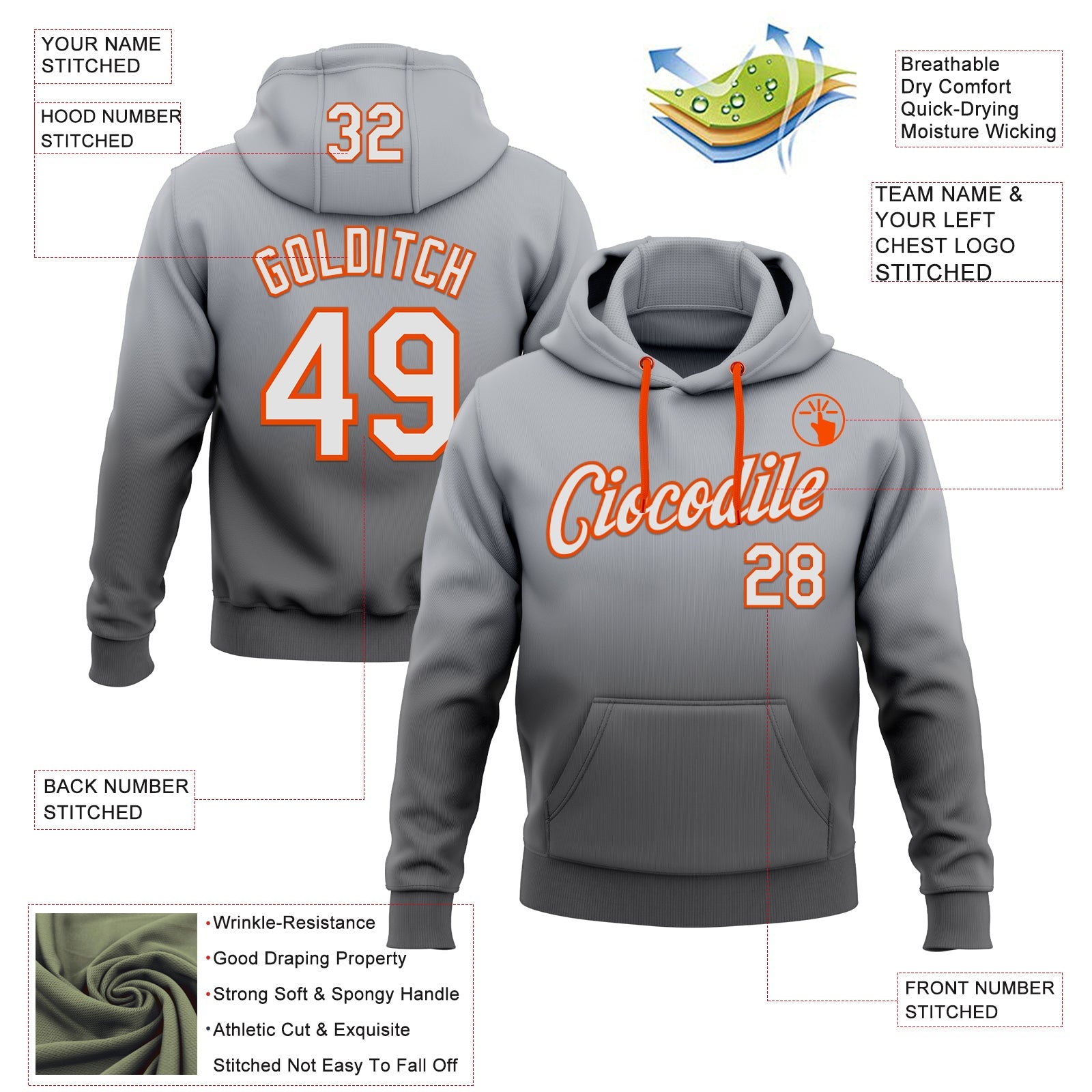 Custom Stitched Gray White Steel Gray-Orange Fade Fashion Sports Pullover Sweatshirt Hoodie view 2