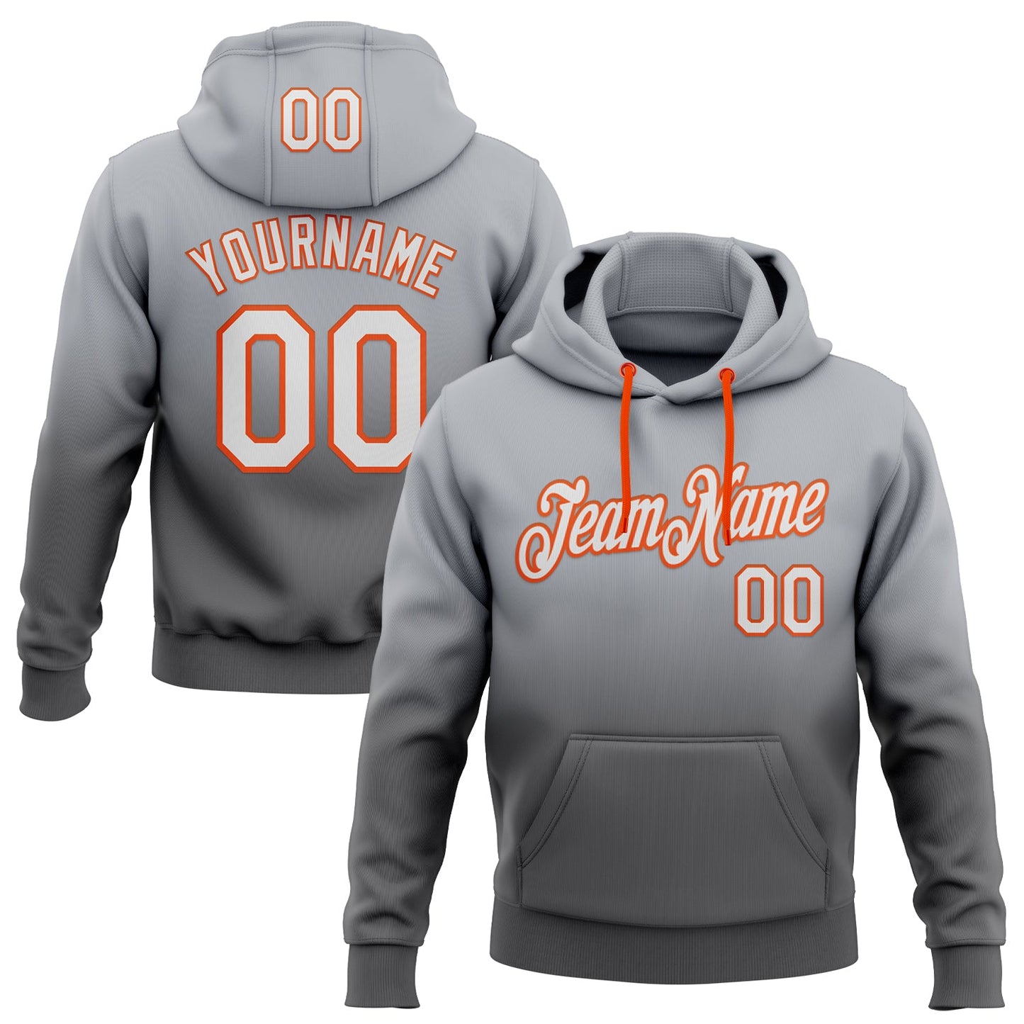 Custom Stitched Gray White Steel Gray-Orange Fade Fashion Sports Pullover Sweatshirt Hoodie - Main View