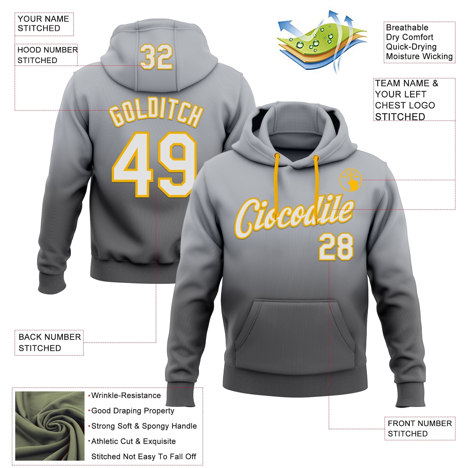 Custom Stitched Gray White Steel Gray-Gold Fade Fashion Sports Pullover Sweatshirt Hoodie view 2