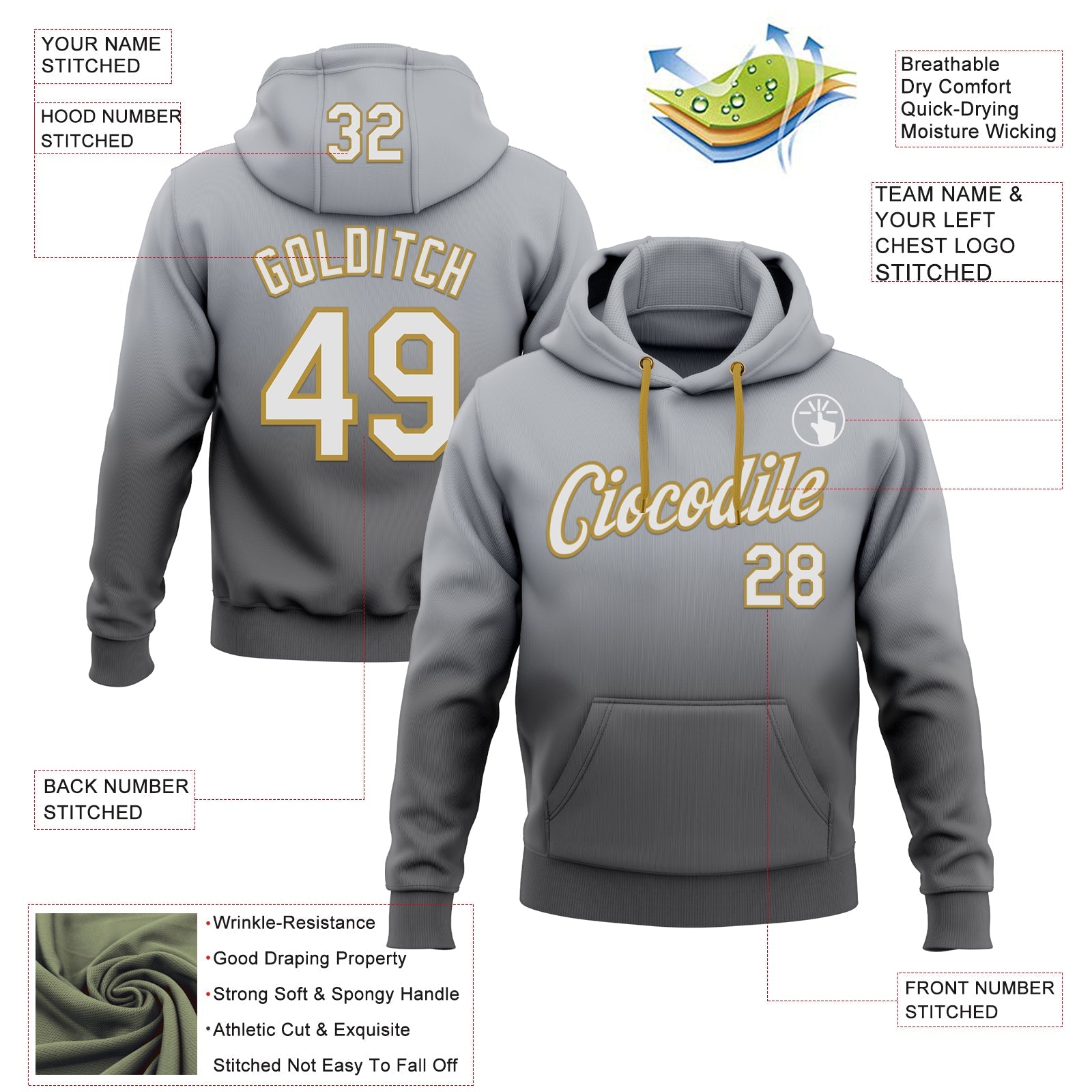 Custom Stitched Gray White Steel Gray-Old Gold Fade Fashion Sports Pullover Sweatshirt Hoodie view 2