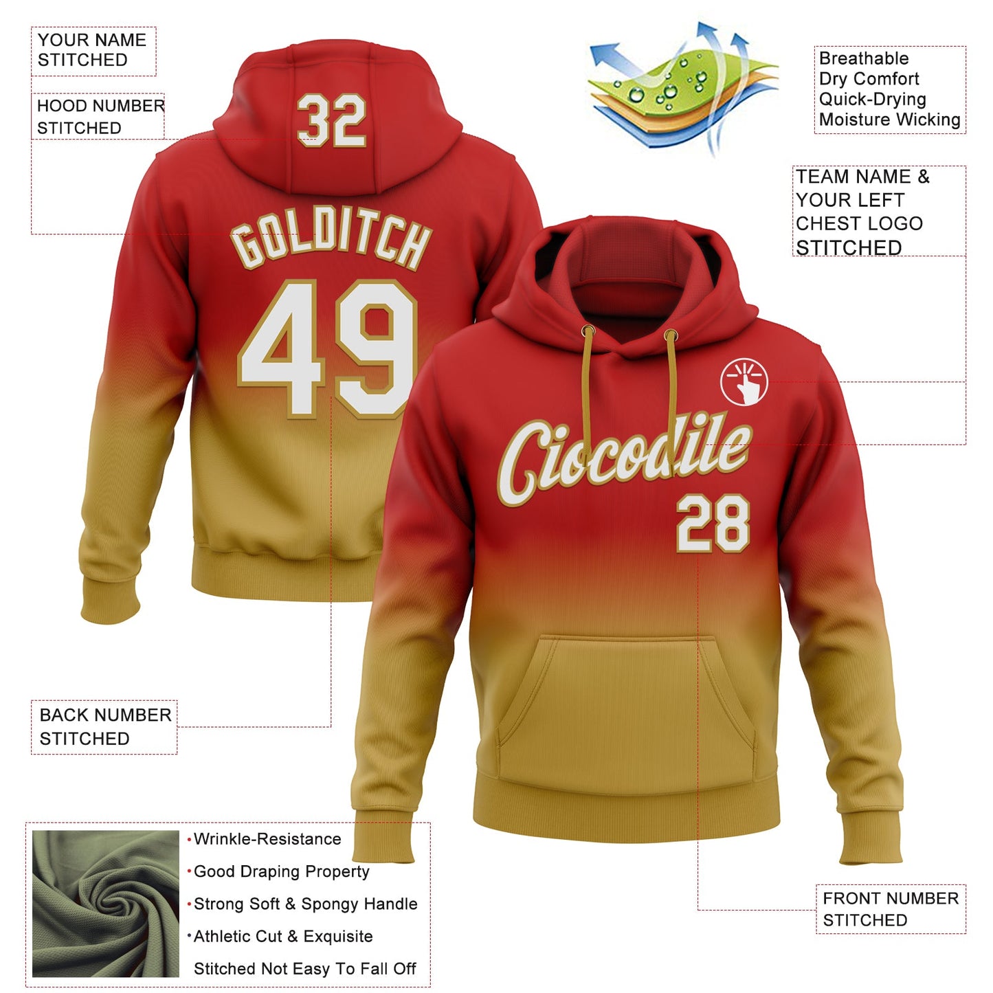 Custom Stitched Red White-Old Gold Fade Fashion Sports Pullover Sweatshirt Hoodie view 2