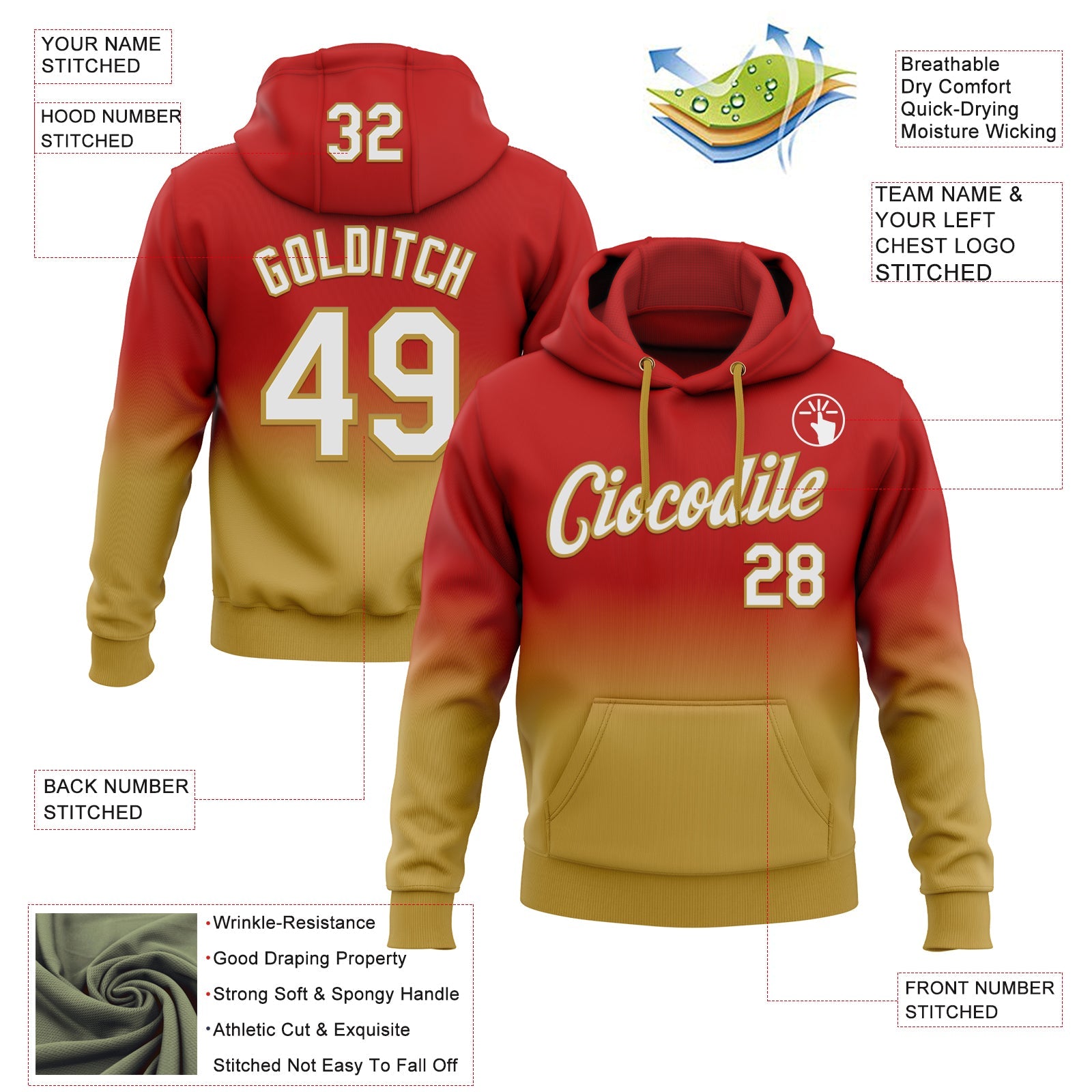 Custom Stitched Red White-Old Gold Fade Fashion Sports Pullover Sweatshirt Hoodie view 2