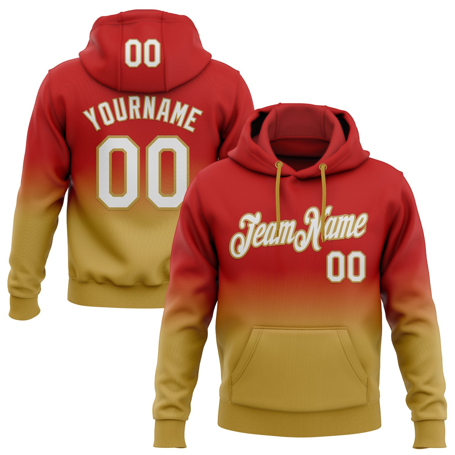Custom Stitched Red White-Old Gold Fade Fashion Sports Pullover Sweatshirt Hoodie - Main View