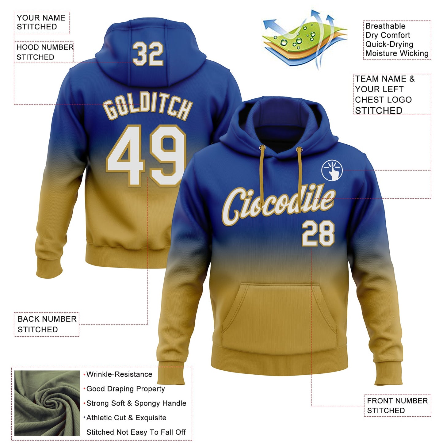 Custom Stitched Royal White-Old Gold Fade Fashion Sports Pullover Sweatshirt Hoodie view 2