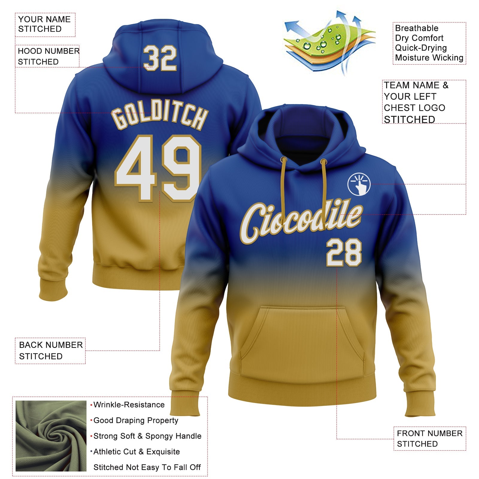 Custom Stitched Royal White-Old Gold Fade Fashion Sports Pullover Sweatshirt Hoodie view 2