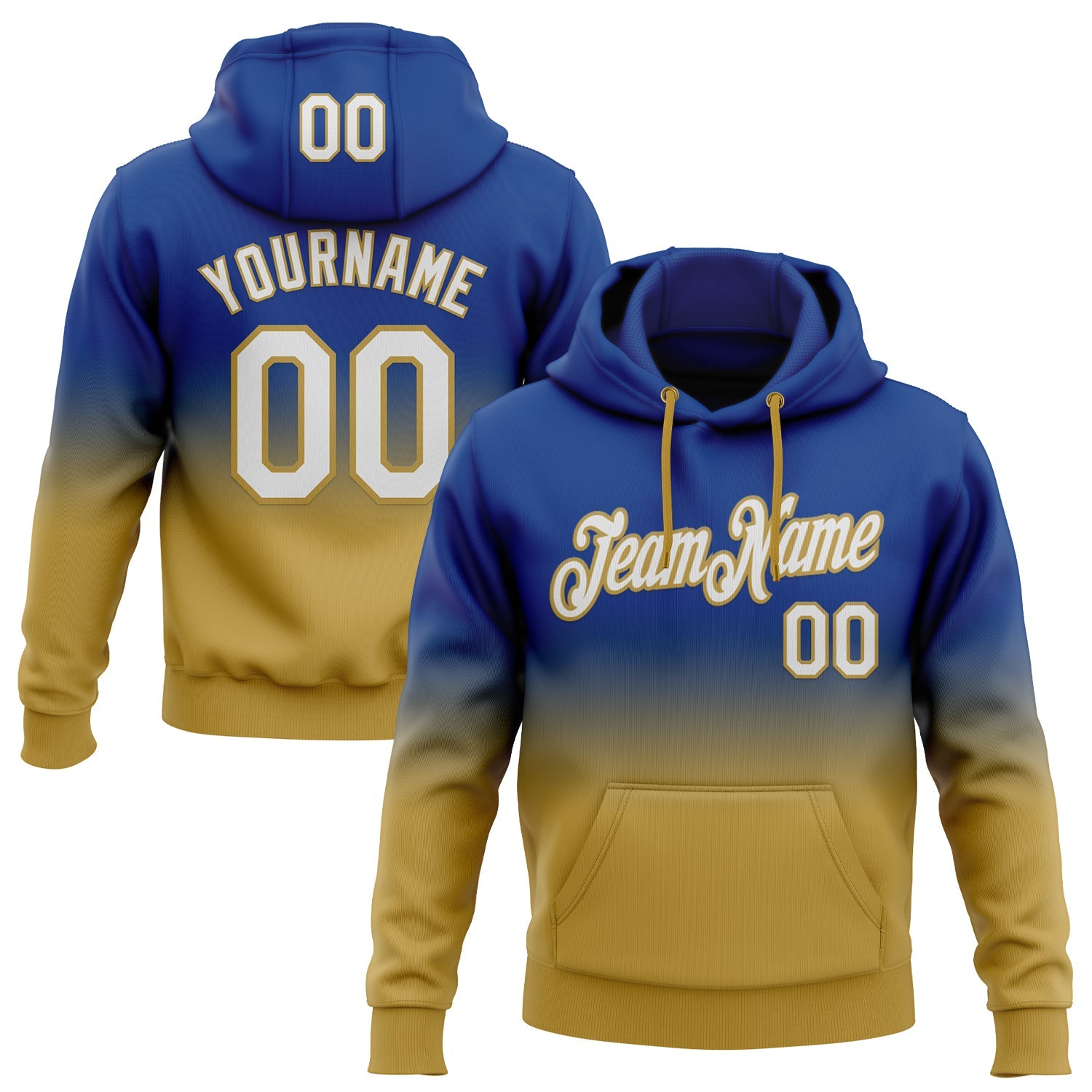 Custom Stitched Royal White-Old Gold Fade Fashion Sports Pullover Sweatshirt Hoodie - Main View