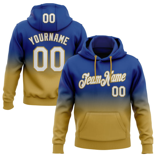 Custom Stitched Royal White-Old Gold Fade Fashion Sports Pullover Sweatshirt Hoodie - Main View
