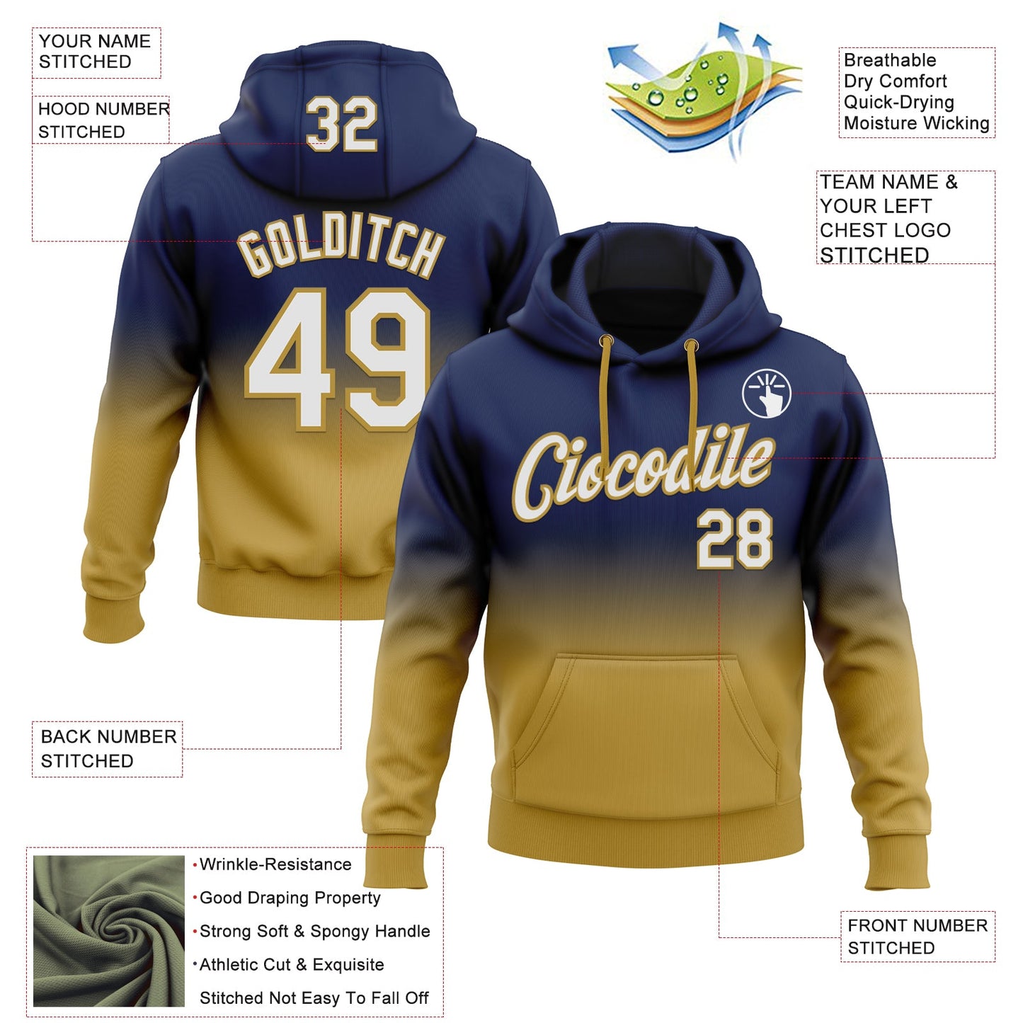 Custom Stitched Navy White-Old Gold Fade Fashion Sports Pullover Sweatshirt Hoodie view 2