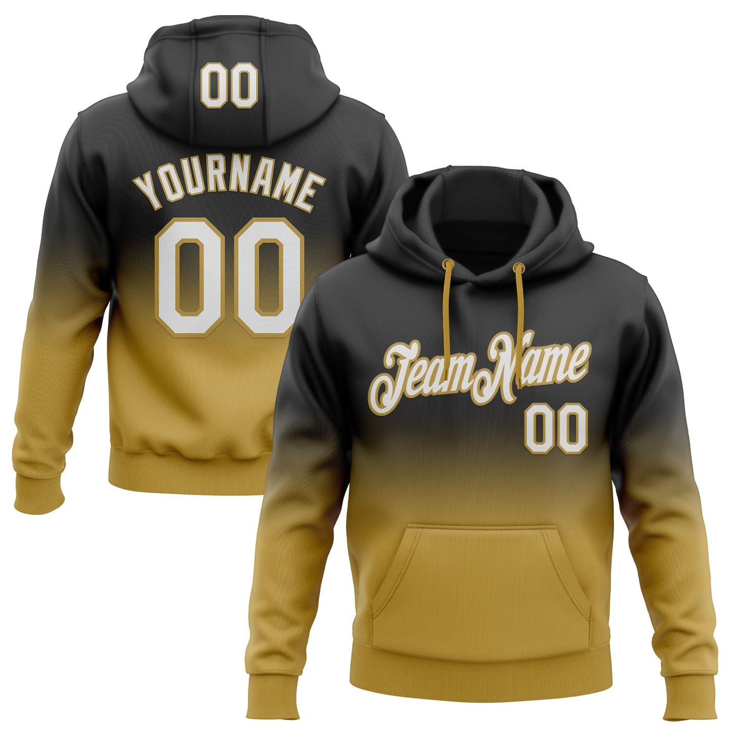 Custom Stitched Black White-Old Gold Fade Fashion Sports Pullover Sweatshirt Hoodie - Main View