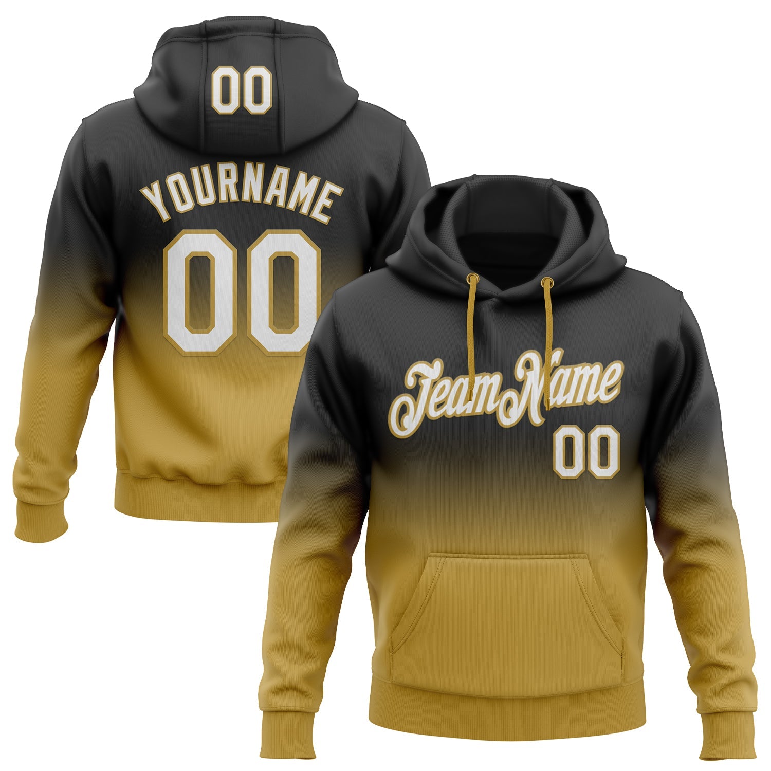Custom Stitched Black White-Old Gold Fade Fashion Sports Pullover Sweatshirt Hoodie - Main View