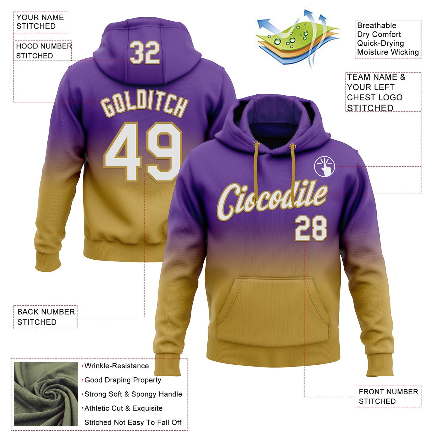 Custom Stitched Purple White-Old Gold Fade Fashion Sports Pullover Sweatshirt Hoodie view 2