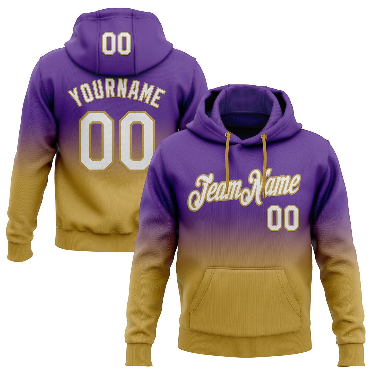 Custom Stitched Purple White-Old Gold Fade Fashion Sports Pullover Sweatshirt Hoodie - Main View