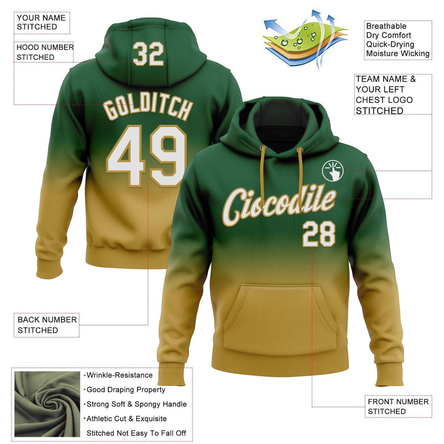 Custom Stitched Green White-Old Gold Fade Fashion Sports Pullover Sweatshirt Hoodie view 2