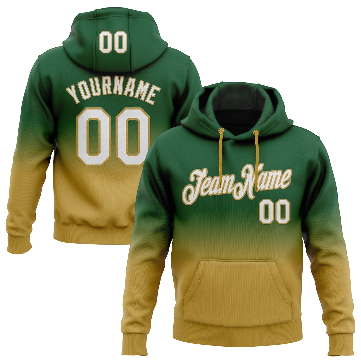 Custom Stitched Green White-Old Gold Fade Fashion Sports Pullover Sweatshirt Hoodie - Main View