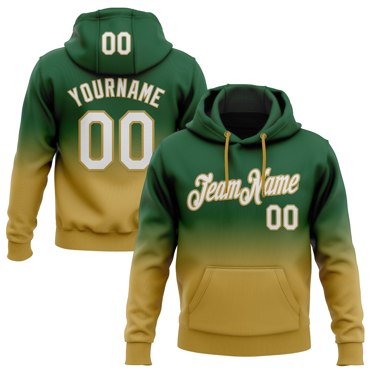 Custom Stitched Green White-Old Gold Fade Fashion Sports Pullover Sweatshirt Hoodie - Main View