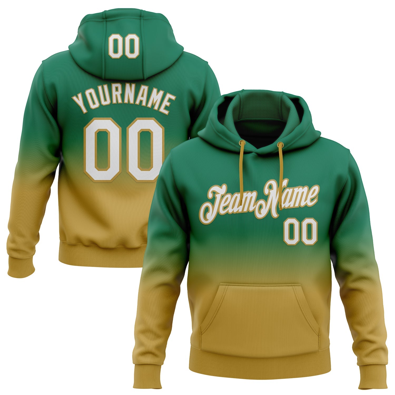 Custom Stitched Kelly Green White-Old Gold Fade Fashion Sports Pullover Sweatshirt Hoodie - Main View
