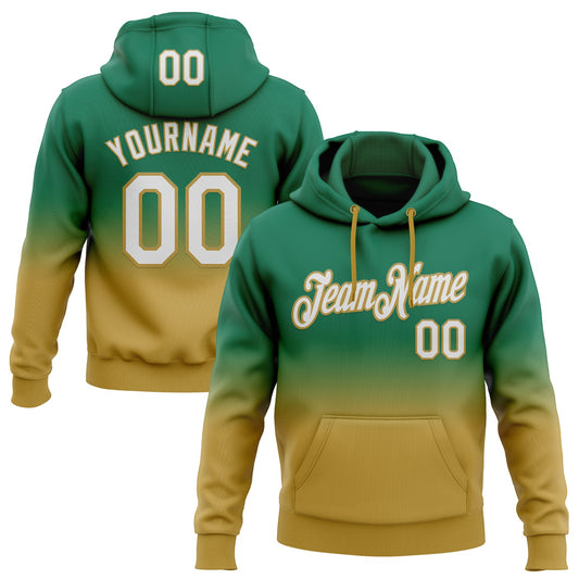 Custom Stitched Kelly Green White-Old Gold Fade Fashion Sports Pullover Sweatshirt Hoodie - Main View
