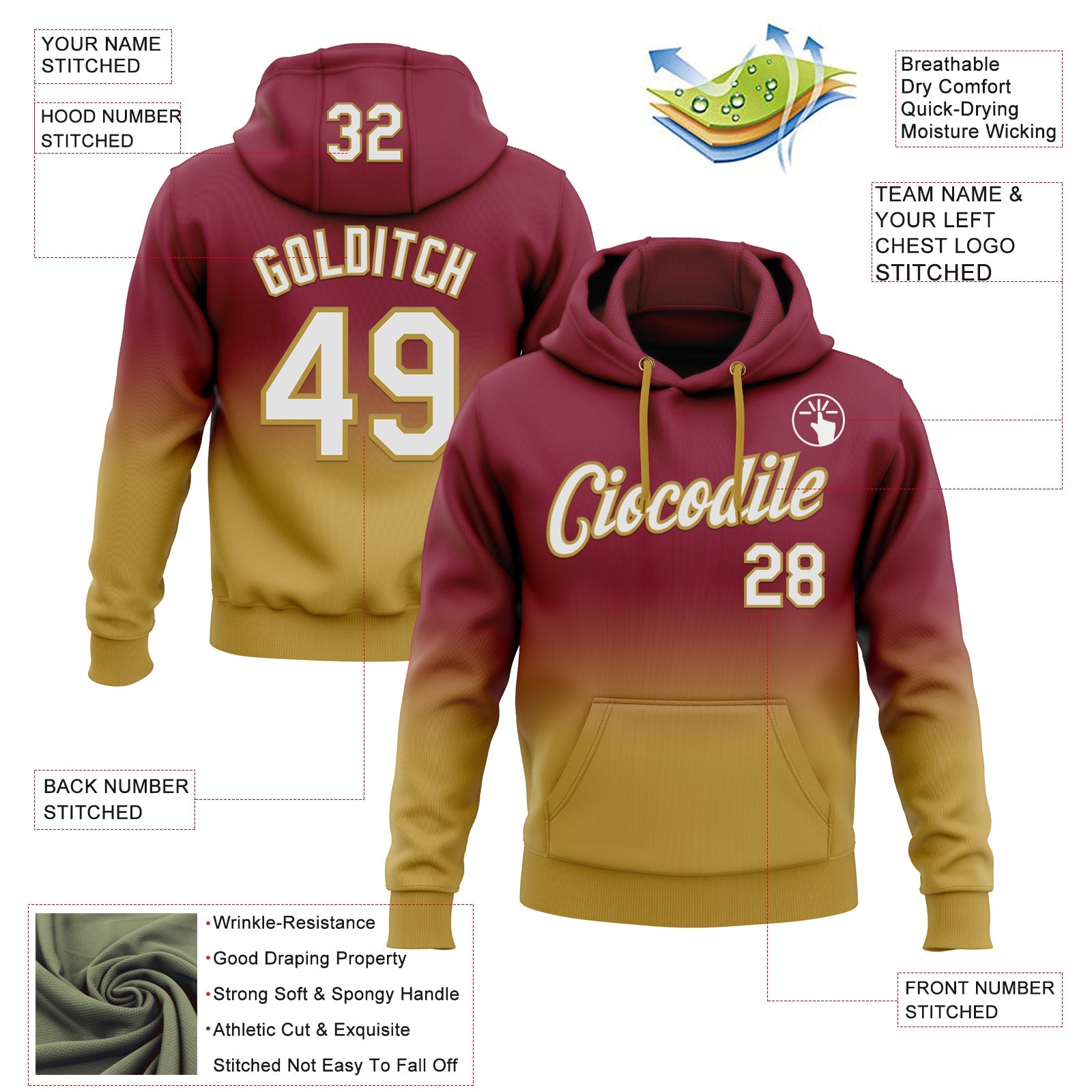 Custom Stitched Crimson White-Old Gold Fade Fashion Sports Pullover Sweatshirt Hoodie view 2