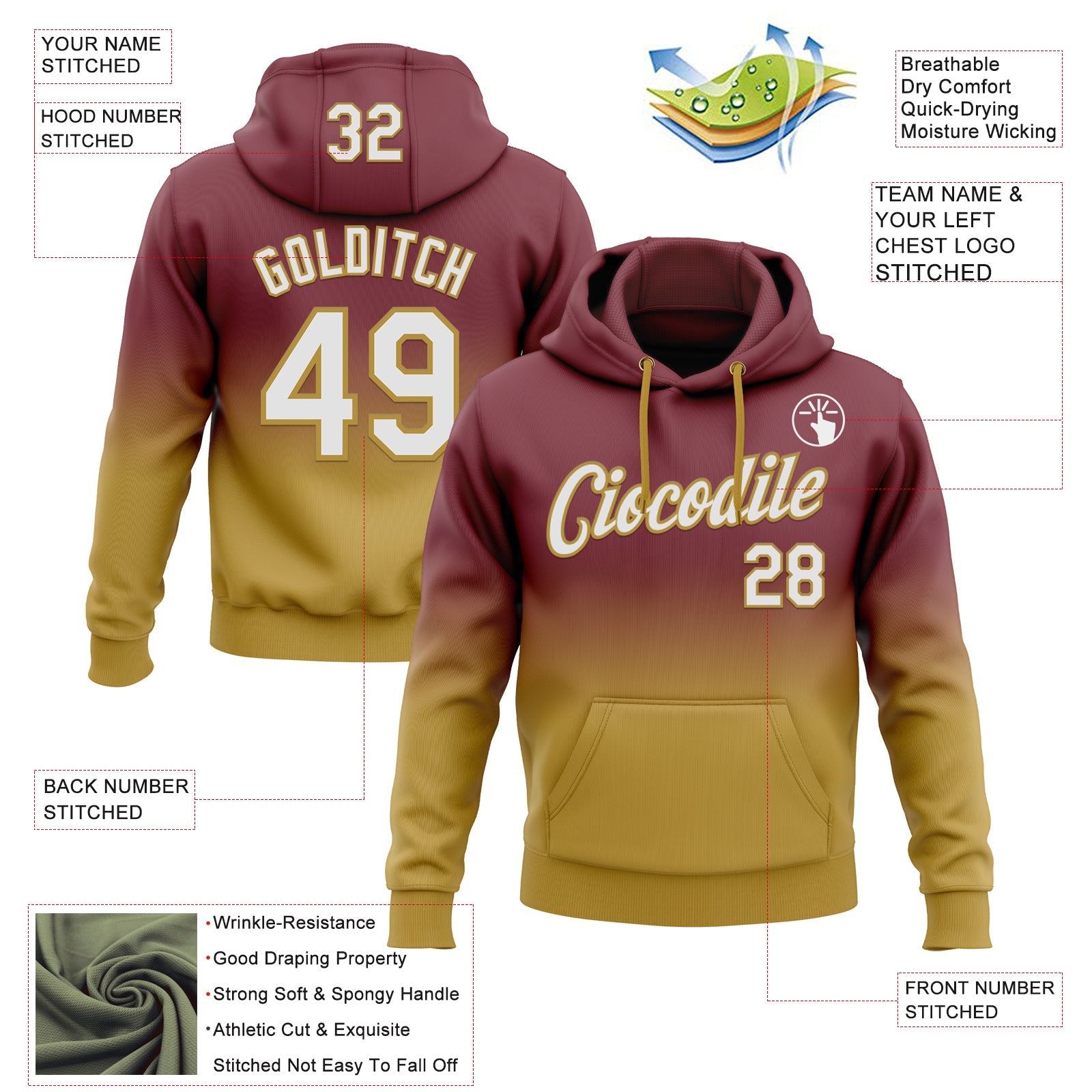 Custom Stitched Burgundy White-Old Gold Fade Fashion Sports Pullover Sweatshirt Hoodie view 2