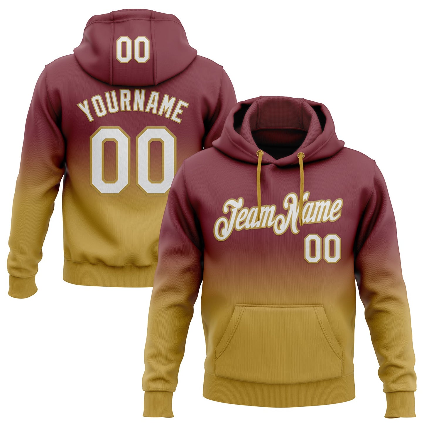 Custom Stitched Burgundy White-Old Gold Fade Fashion Sports Pullover Sweatshirt Hoodie - Main View