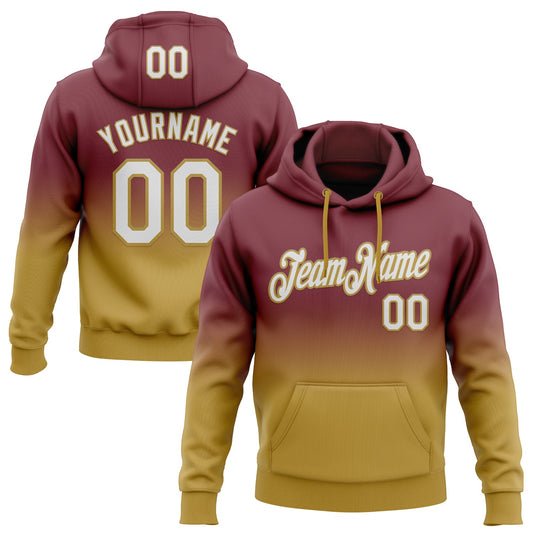 Custom Stitched Burgundy White-Old Gold Fade Fashion Sports Pullover Sweatshirt Hoodie - Main View