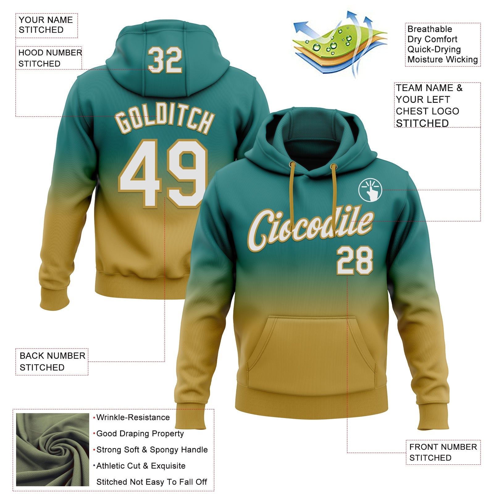 Custom Stitched Teal White-Old Gold Fade Fashion Sports Pullover Sweatshirt Hoodie view 2