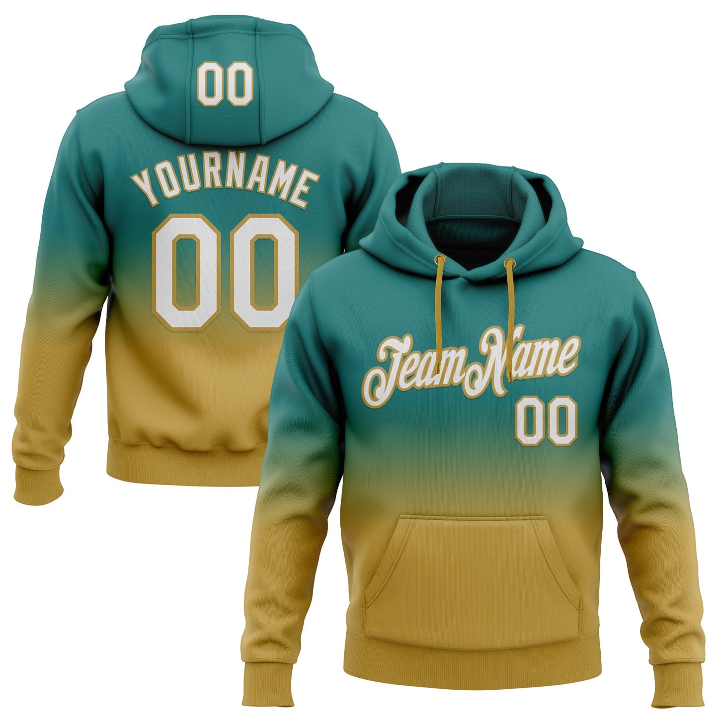 Custom Stitched Teal White-Old Gold Fade Fashion Sports Pullover Sweatshirt Hoodie - Main View
