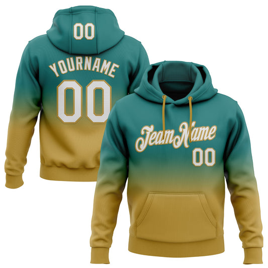 Custom Stitched Teal White-Old Gold Fade Fashion Sports Pullover Sweatshirt Hoodie - Main View