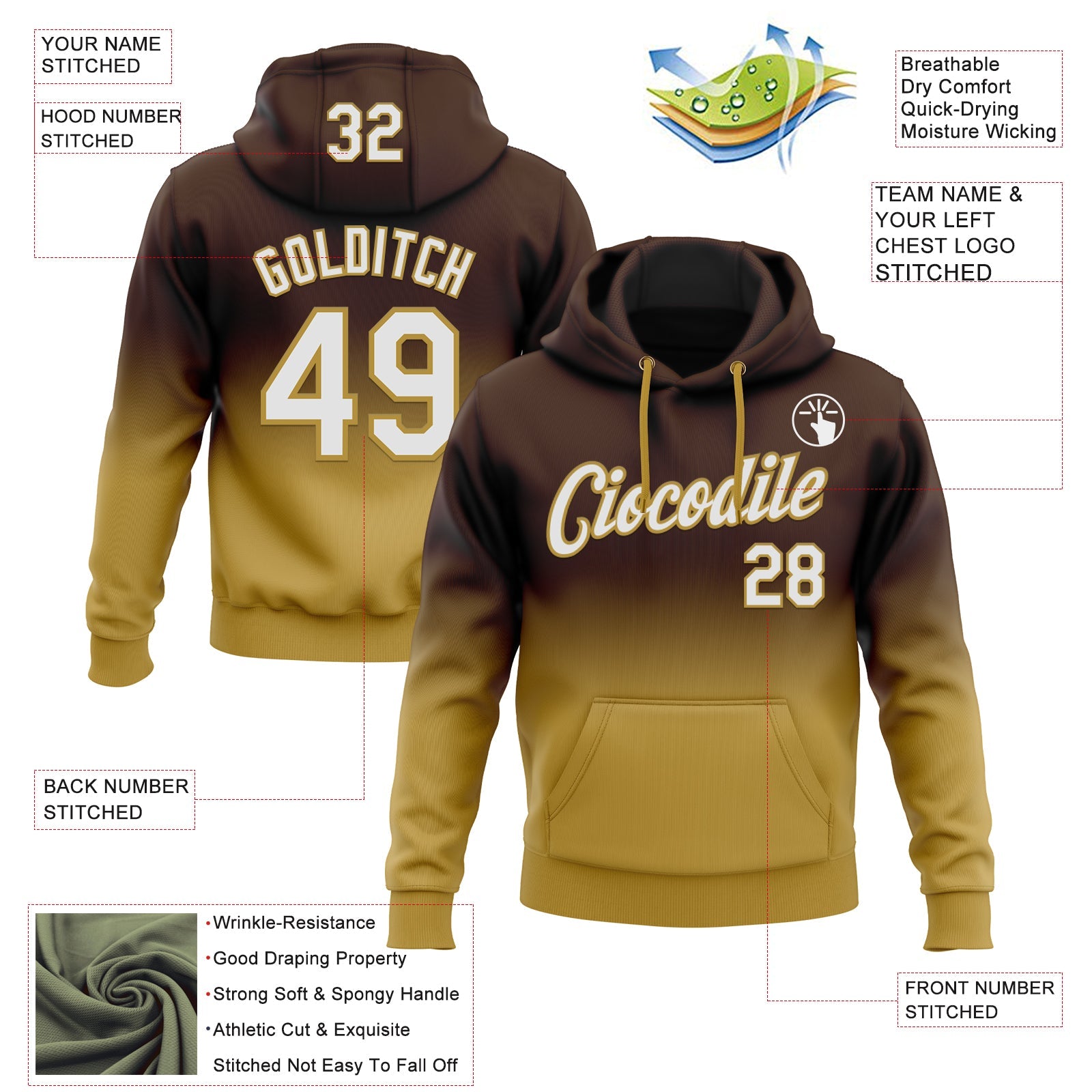 Custom Stitched Brown White-Old Gold Fade Fashion Sports Pullover Sweatshirt Hoodie view 2