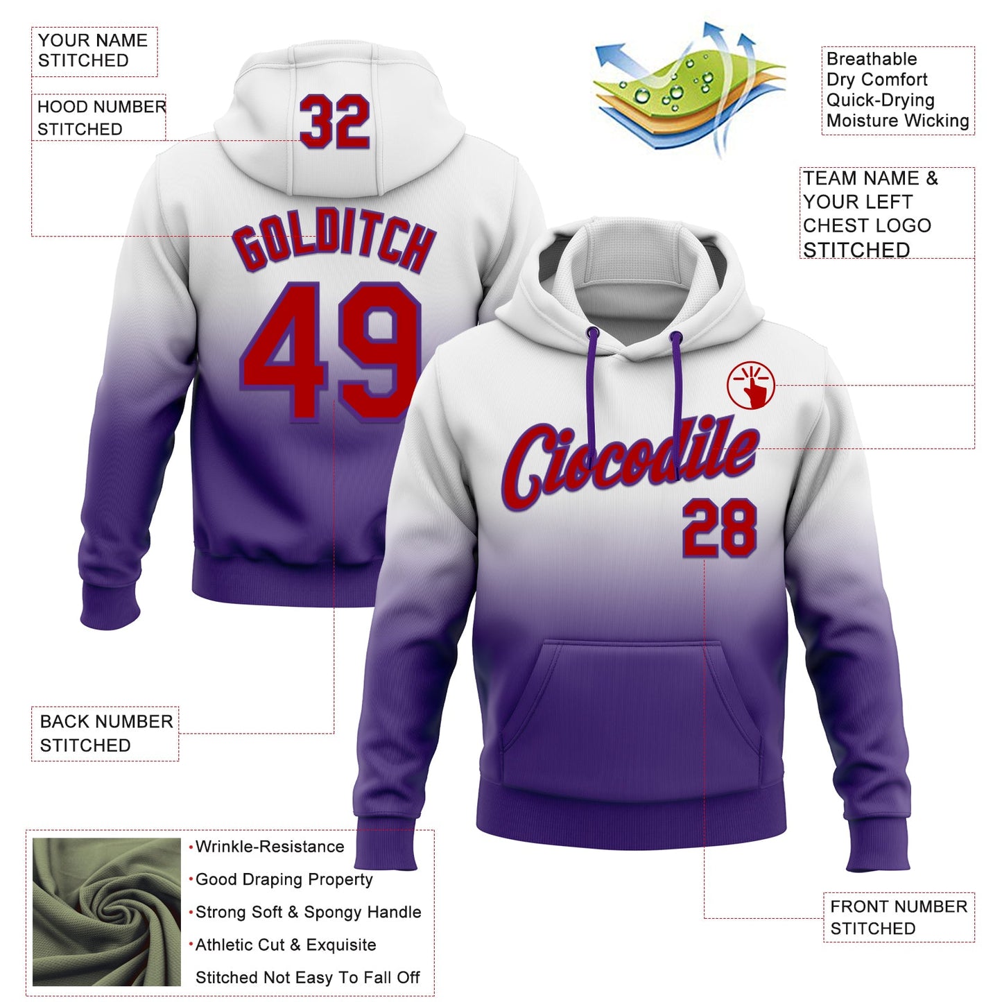 Custom Stitched White Red-Purple Fade Fashion Sports Pullover Sweatshirt Hoodie view 2