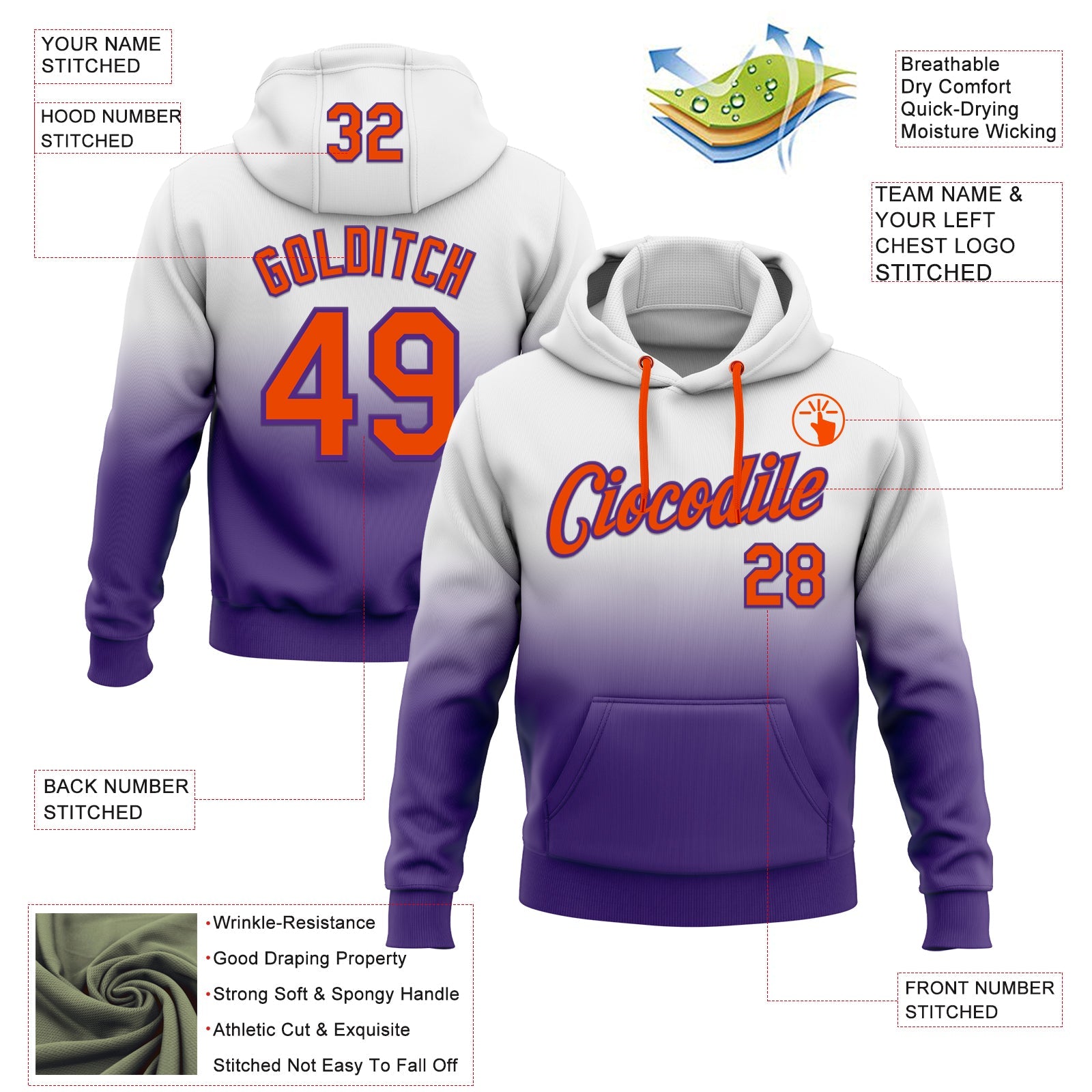Custom Stitched White Orange-Purple Fade Fashion Sports Pullover Sweatshirt Hoodie view 2