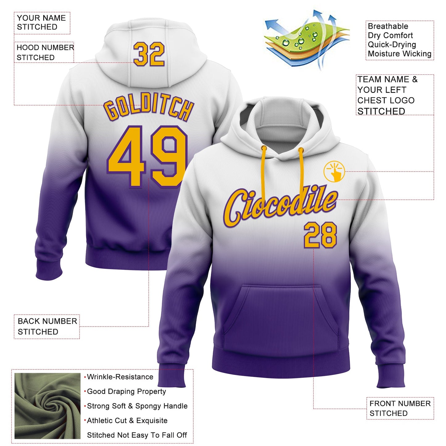 Custom Stitched White Gold-Purple Fade Fashion Sports Pullover Sweatshirt Hoodie view 2