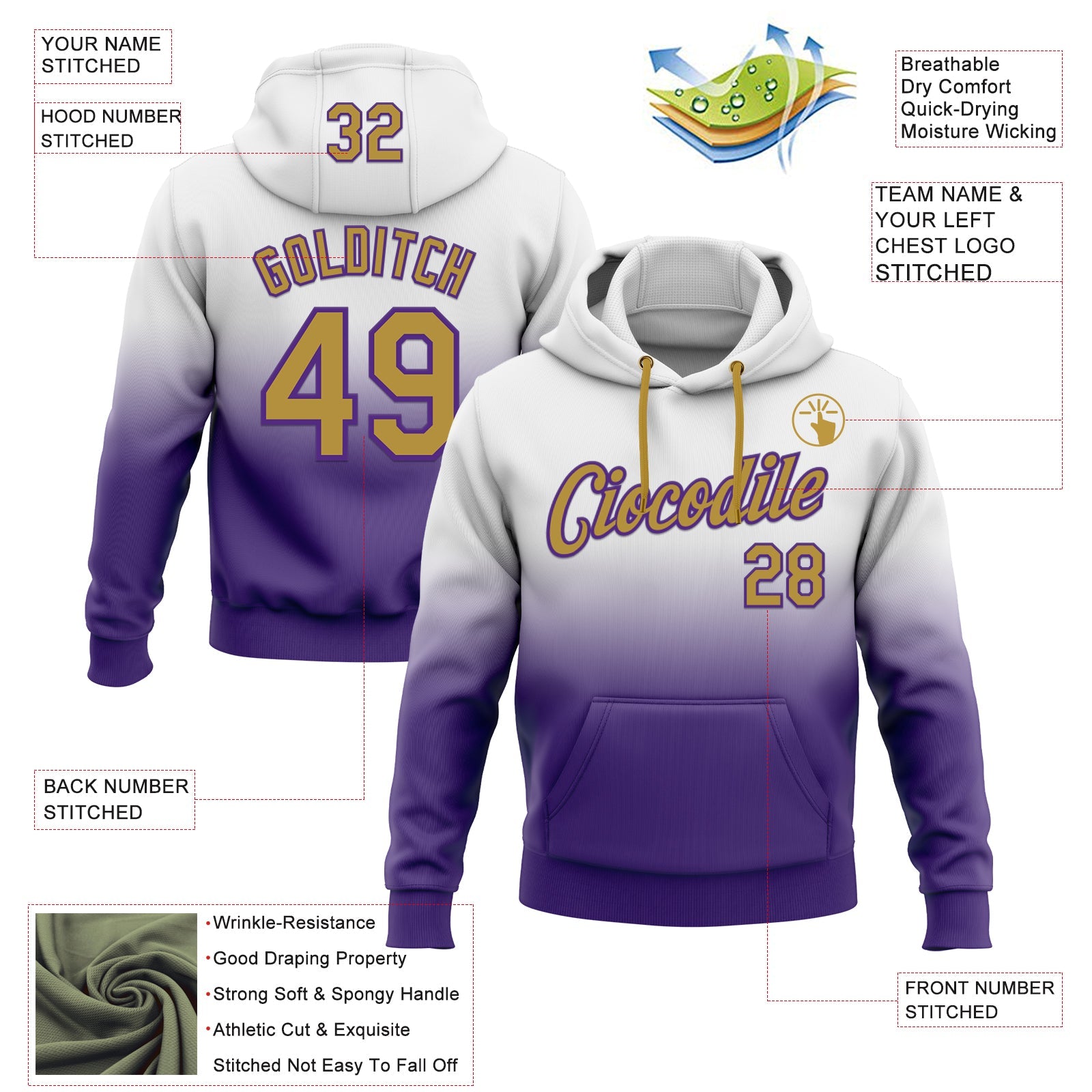 Custom Stitched White Old Gold-Purple Fade Fashion Sports Pullover Sweatshirt Hoodie view 2