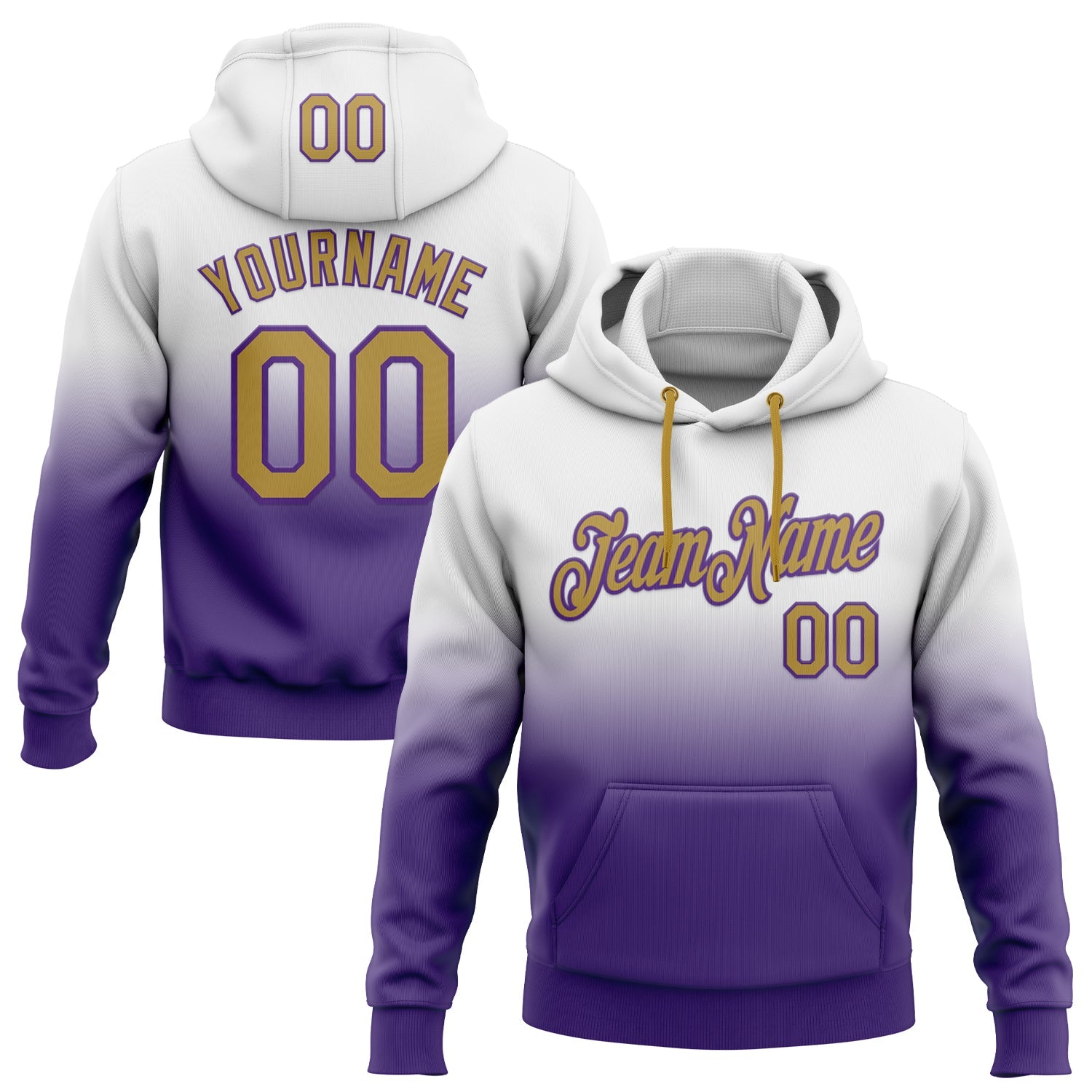 Custom Stitched White Old Gold-Purple Fade Fashion Sports Pullover Sweatshirt Hoodie - Main View