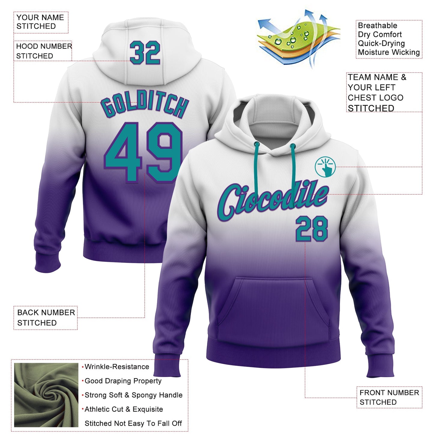 Custom Stitched White Teal-Purple Fade Fashion Sports Pullover Sweatshirt Hoodie view 2