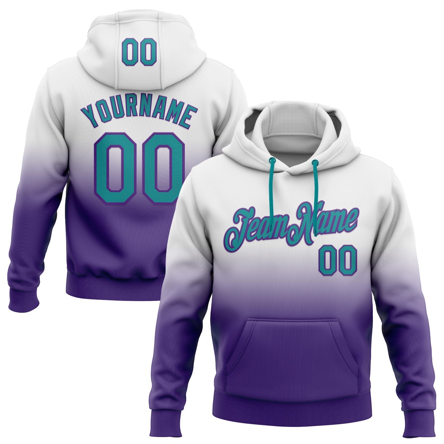 Custom Stitched White Teal-Purple Fade Fashion Sports Pullover Sweatshirt Hoodie - Main View