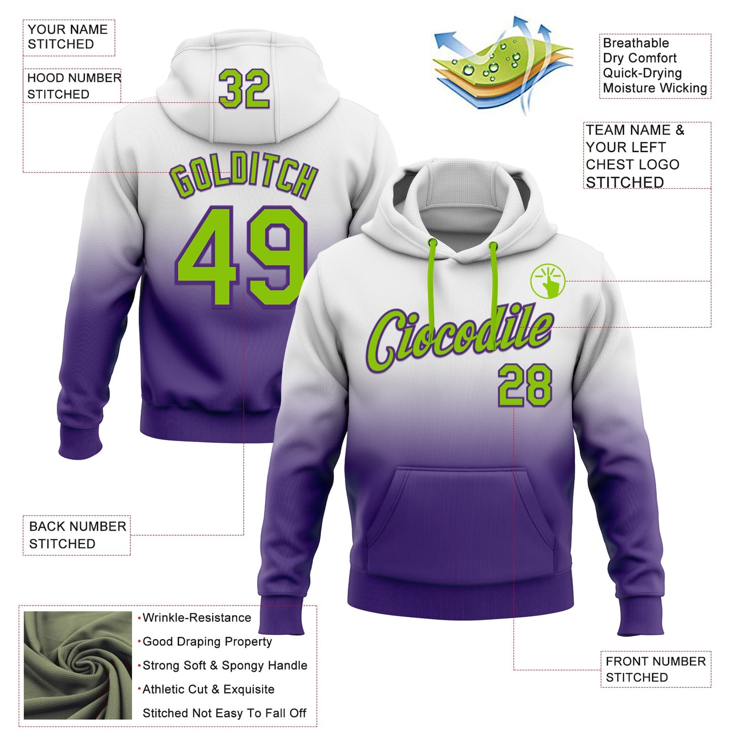 Custom Stitched White Neon Green-Purple Fade Fashion Sports Pullover Sweatshirt Hoodie view 2