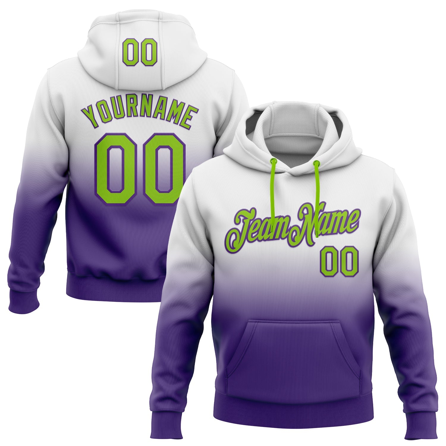 Custom Stitched White Neon Green-Purple Fade Fashion Sports Pullover Sweatshirt Hoodie - Main View