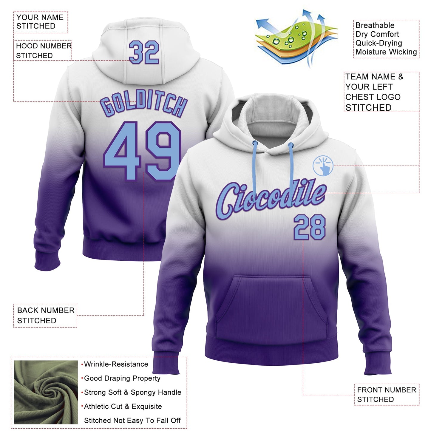 Custom Stitched White Light Blue-Purple Fade Fashion Sports Pullover Sweatshirt Hoodie view 2