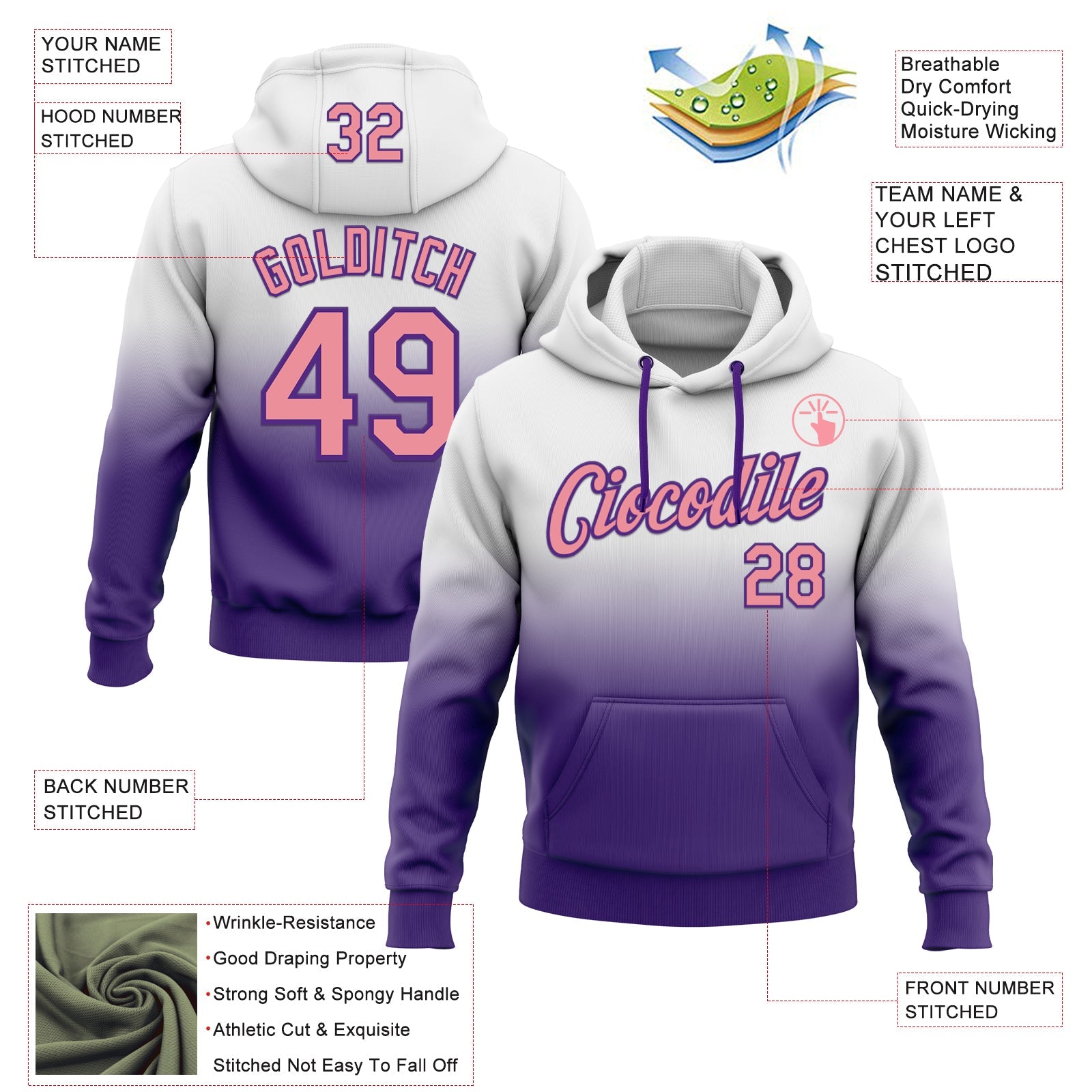 Custom Stitched White Medium Pink-Purple Fade Fashion Sports Pullover Sweatshirt Hoodie view 2