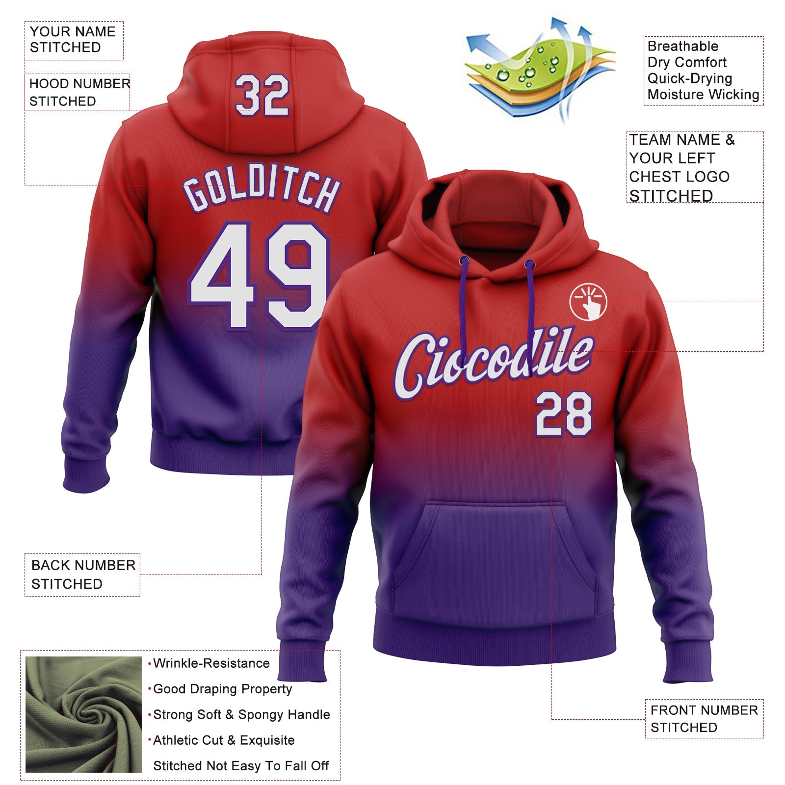 Custom Stitched Red White-Purple Fade Fashion Sports Pullover Sweatshirt Hoodie view 2