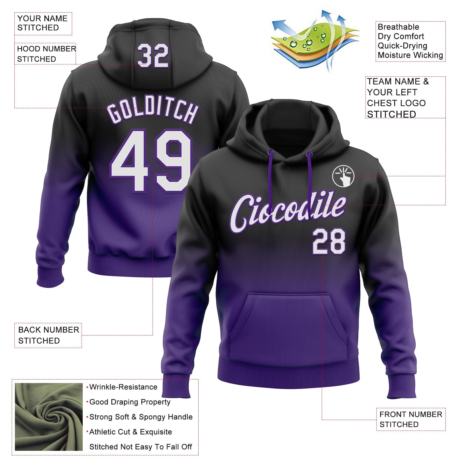Custom Stitched Black White-Purple Fade Fashion Sports Pullover Sweatshirt Hoodie view 2