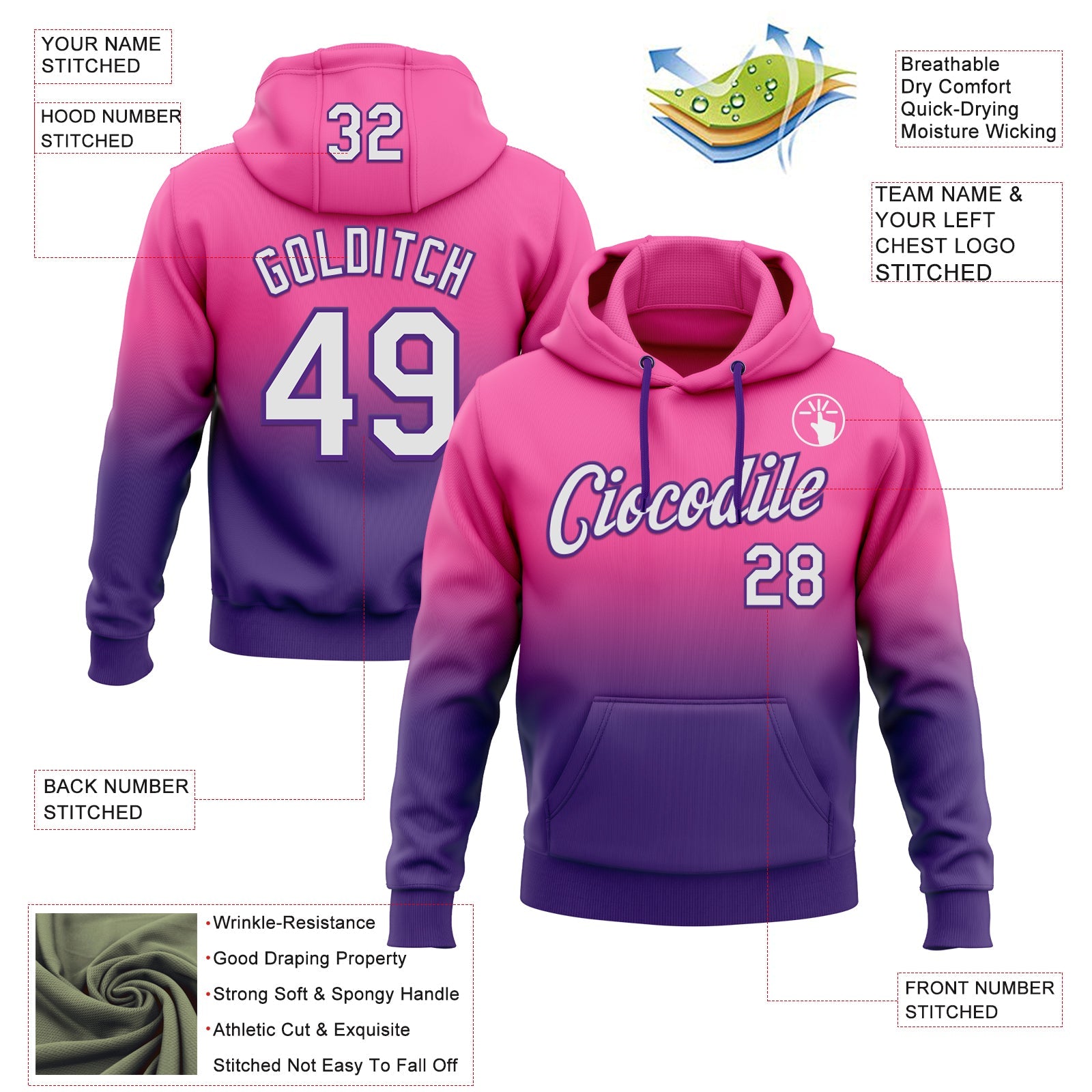Custom Stitched Pink White-Purple Fade Fashion Sports Pullover Sweatshirt Hoodie view 2