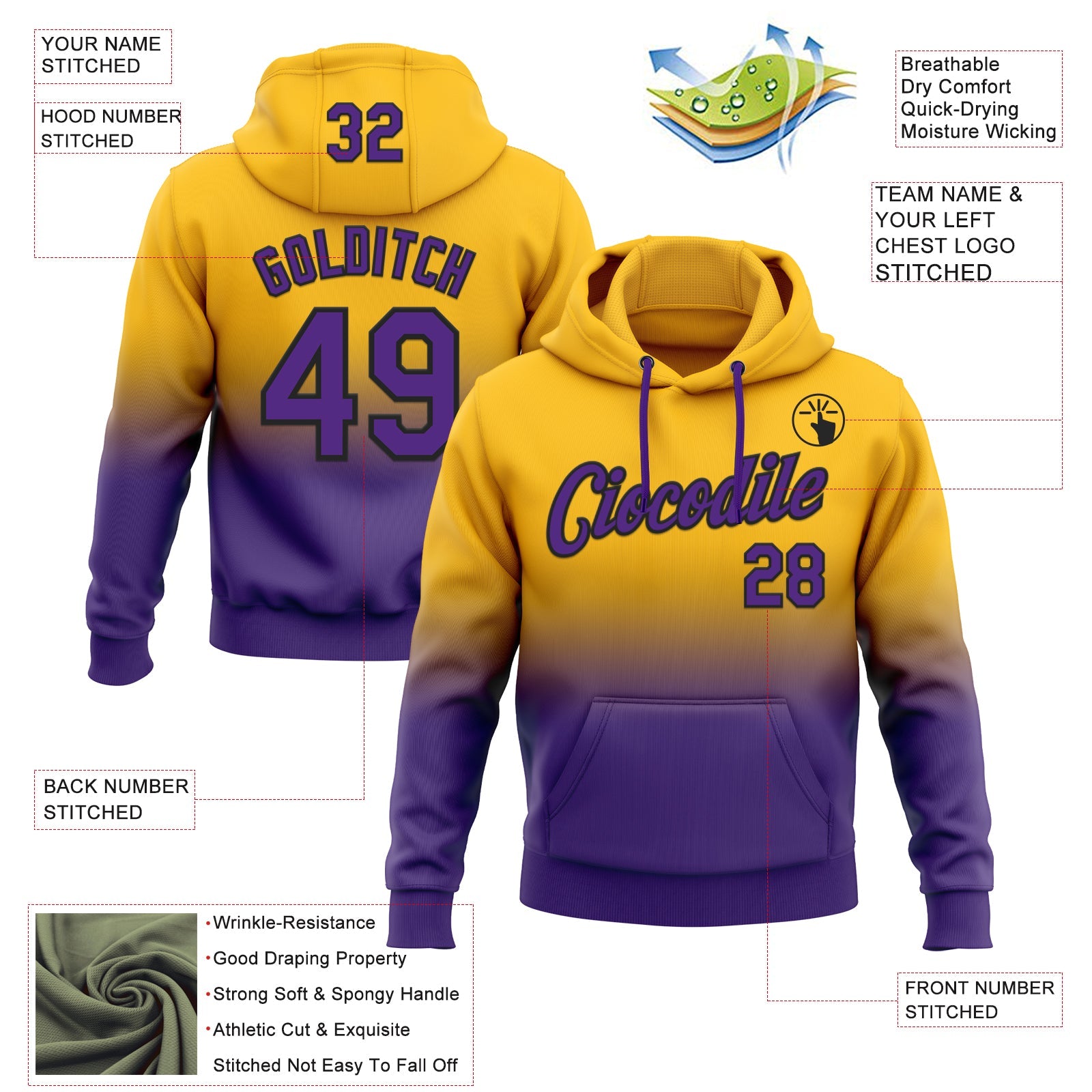 Custom Stitched Gold Purple-Black Fade Fashion Sports Pullover Sweatshirt Hoodie view 2