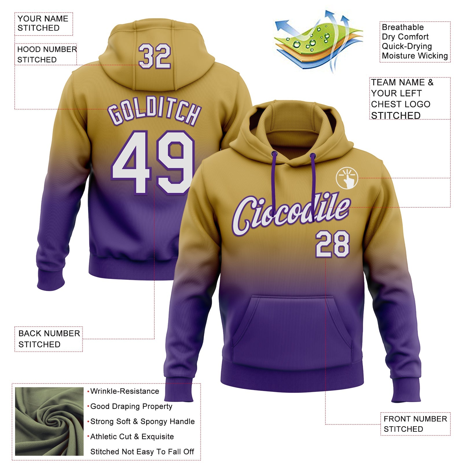 Custom Stitched Old Gold White-Purple Fade Fashion Sports Pullover Sweatshirt Hoodie view 2
