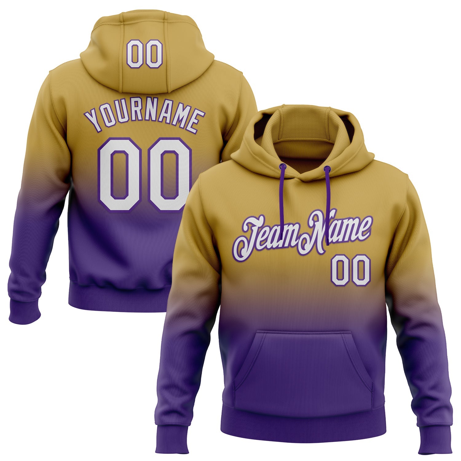 Custom Stitched Old Gold White-Purple Fade Fashion Sports Pullover Sweatshirt Hoodie - Main View