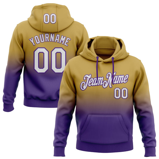Custom Stitched Old Gold White-Purple Fade Fashion Sports Pullover Sweatshirt Hoodie - Main View