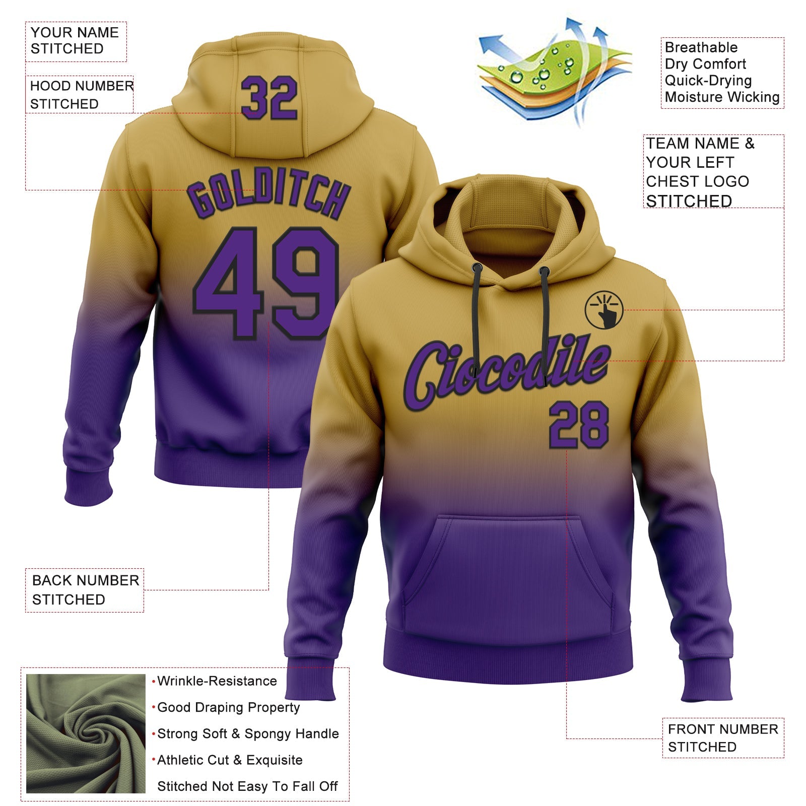 Custom Stitched Old Gold Purple-Black Fade Fashion Sports Pullover Sweatshirt Hoodie view 2